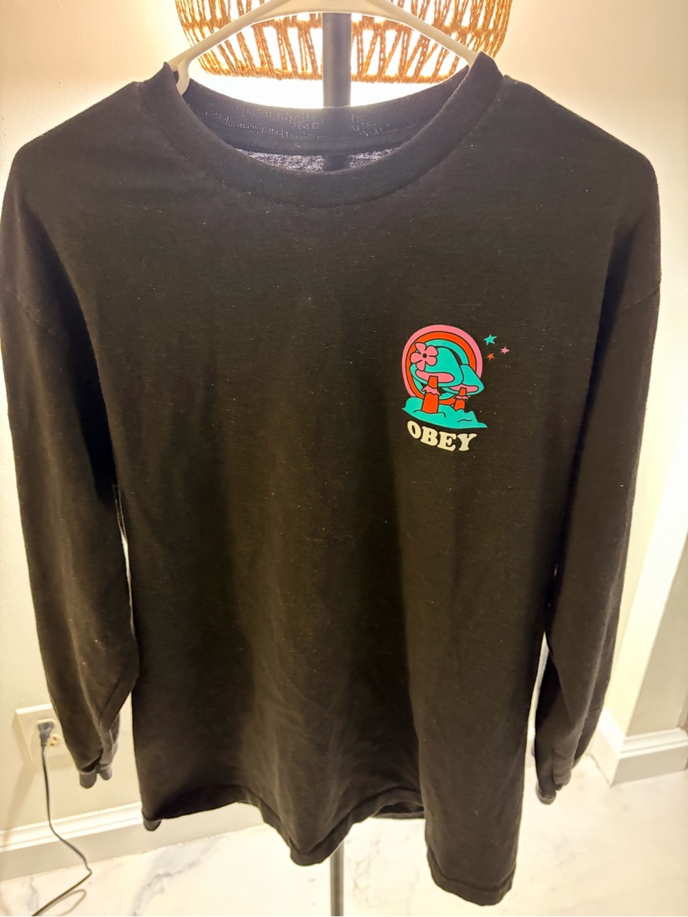 Vintage Obey Black Long Sleeve Tee with Colorful Retro Graphic